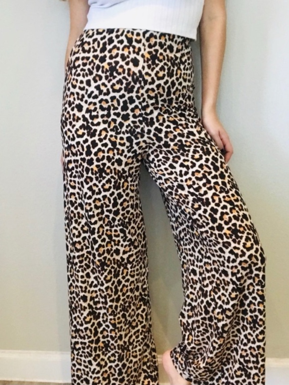Zara Leopard Print Wide-Leg Pants in Black, Tan, Cream Small